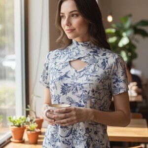 (E-146)‎Naif Women’s Floral Top Size M Blue White Short Sleeve Stretch Blouse Ca